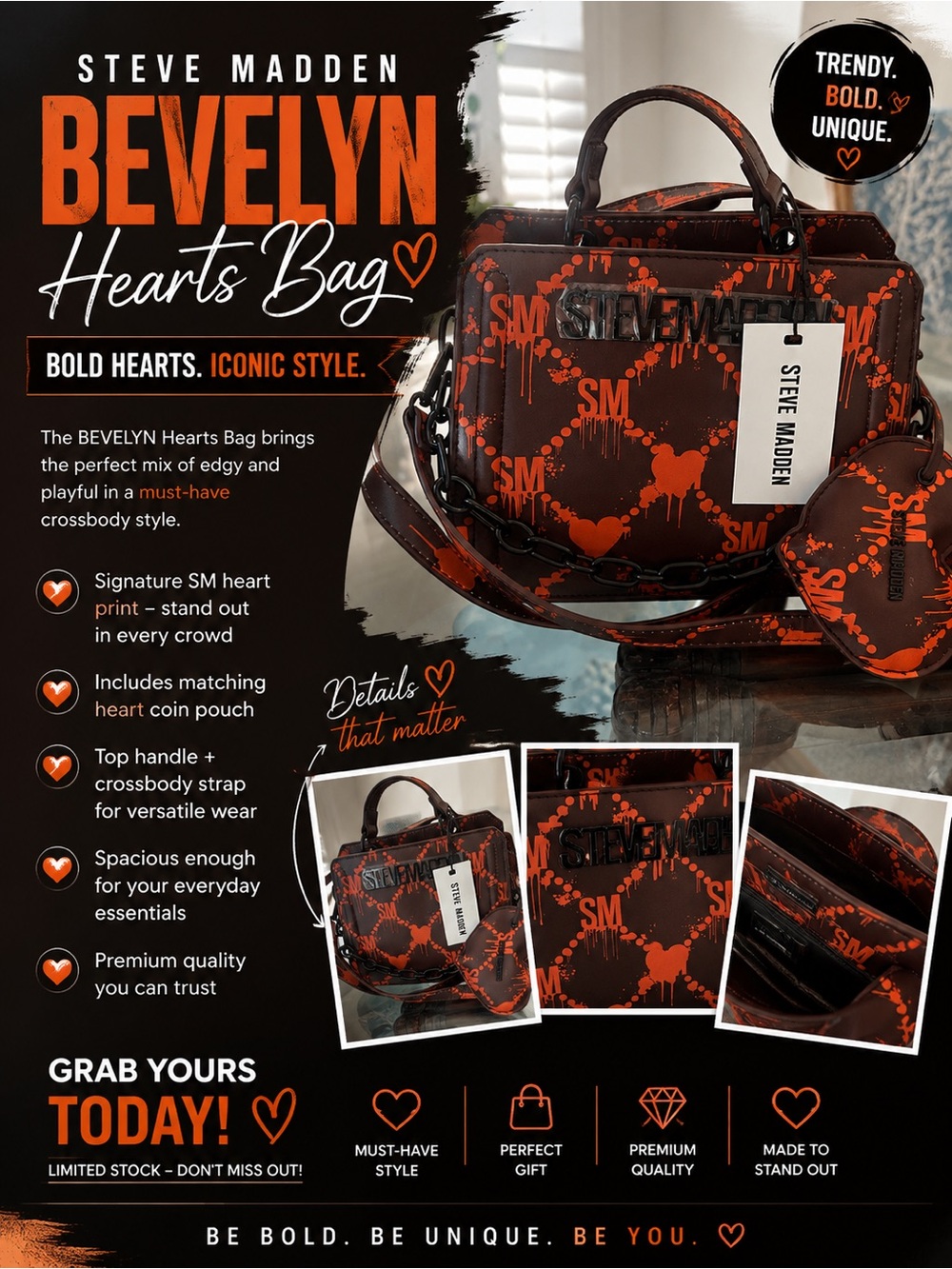 Steve Madden Bevelyn Hearts Satchel in Black & Orange